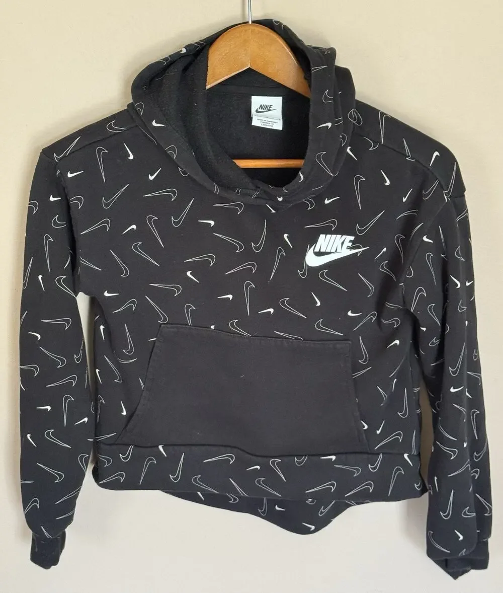 Nike Hoodie Youth Large Black Swoosh Pullover Sweatshirt All Over Print